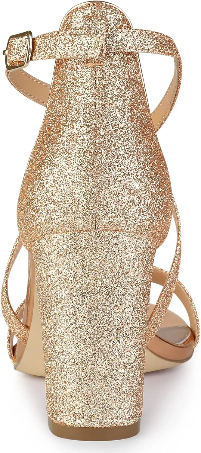 Allegra K Women's Glitter Crisscross Strap Block Heels Sandals