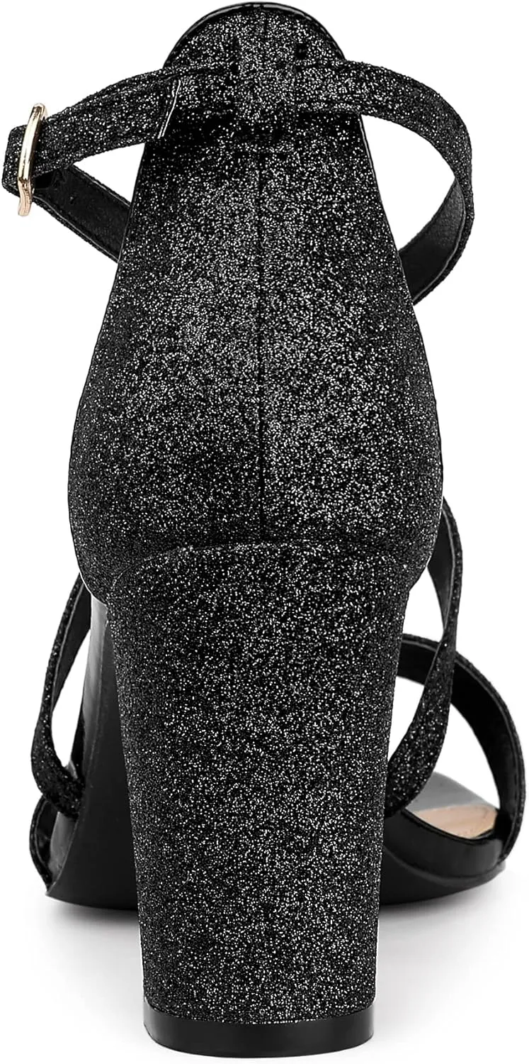Allegra K Women's Glitter Crisscross Strap Block Heels Sandals