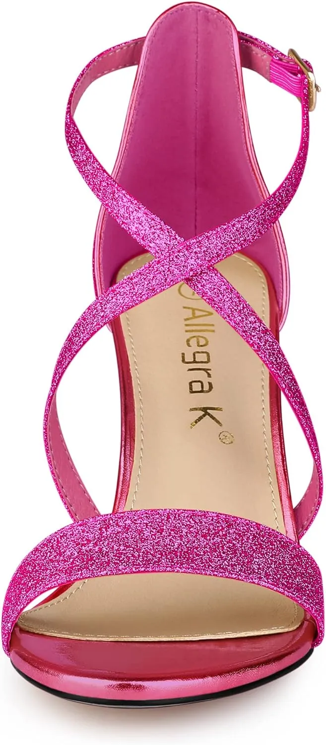 Allegra K Women's Glitter Crisscross Strap Block Heels Sandals