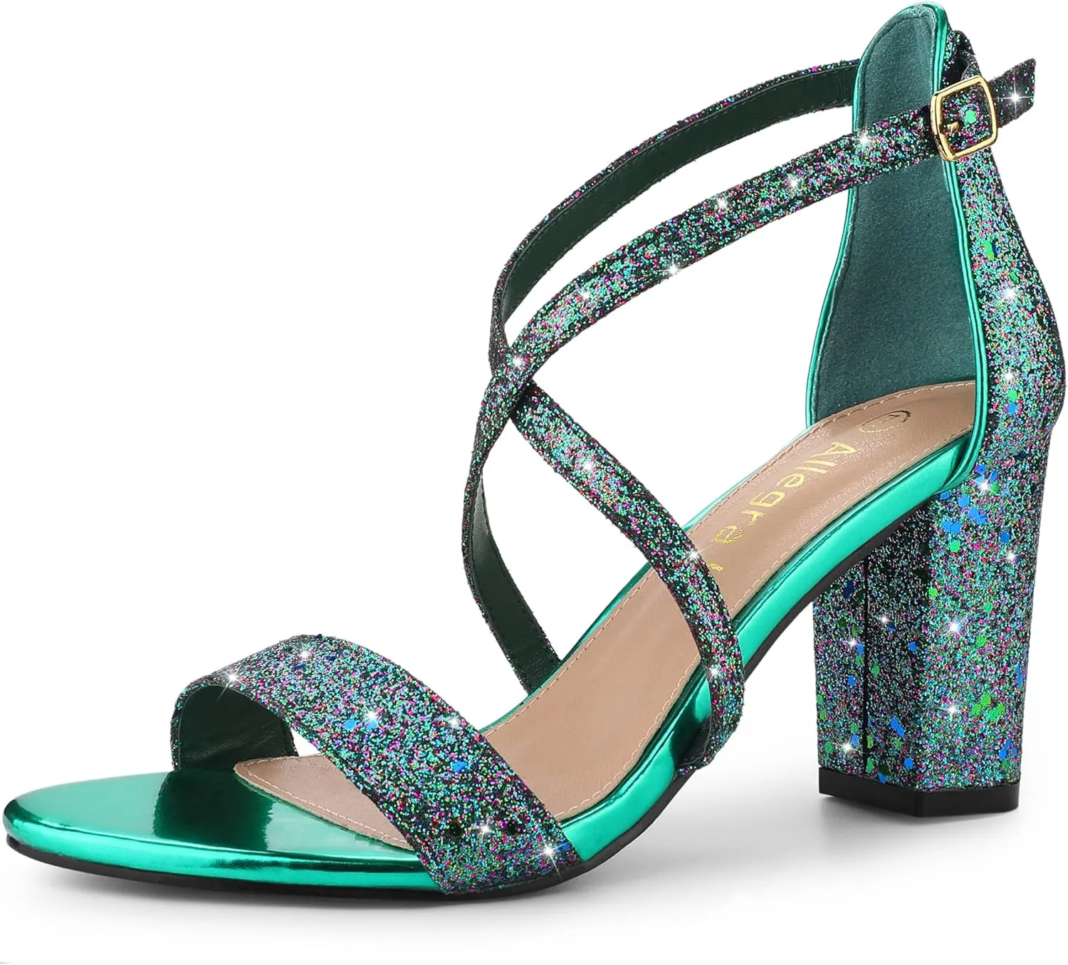 Allegra K Women's Glitter Crisscross Strap Block Heels Sandals