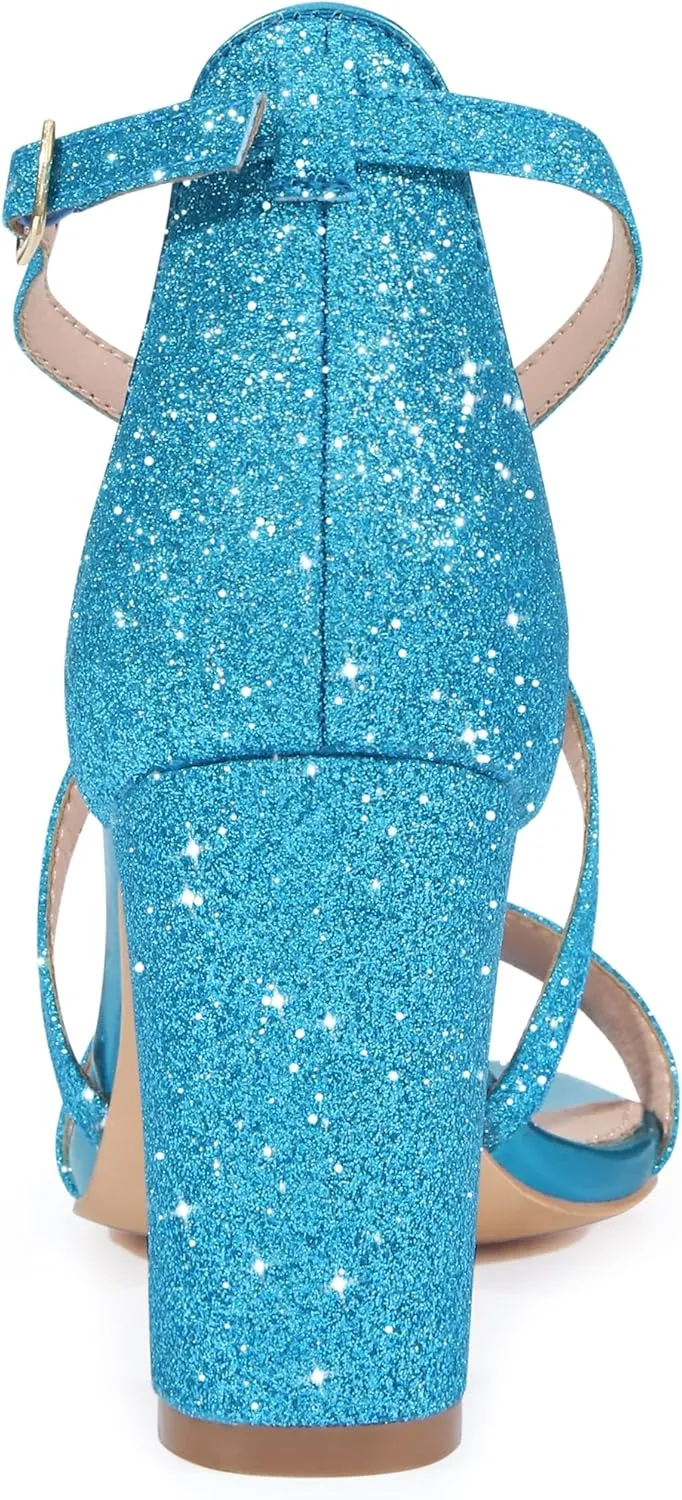 Allegra K Women's Glitter Crisscross Strap Block Heels Sandals