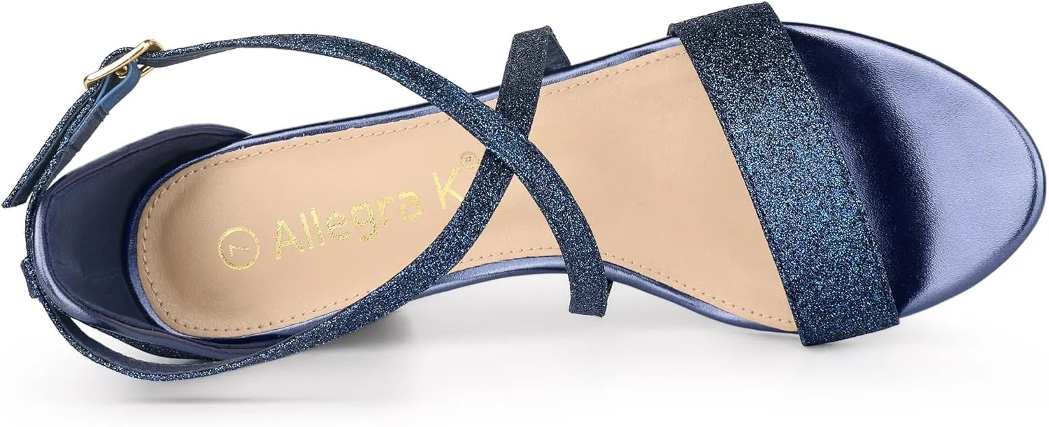 Allegra K Women's Glitter Crisscross Strap Block Heels Sandals