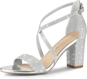 Allegra K Women's Glitter Crisscross Strap Block Heels Sandals