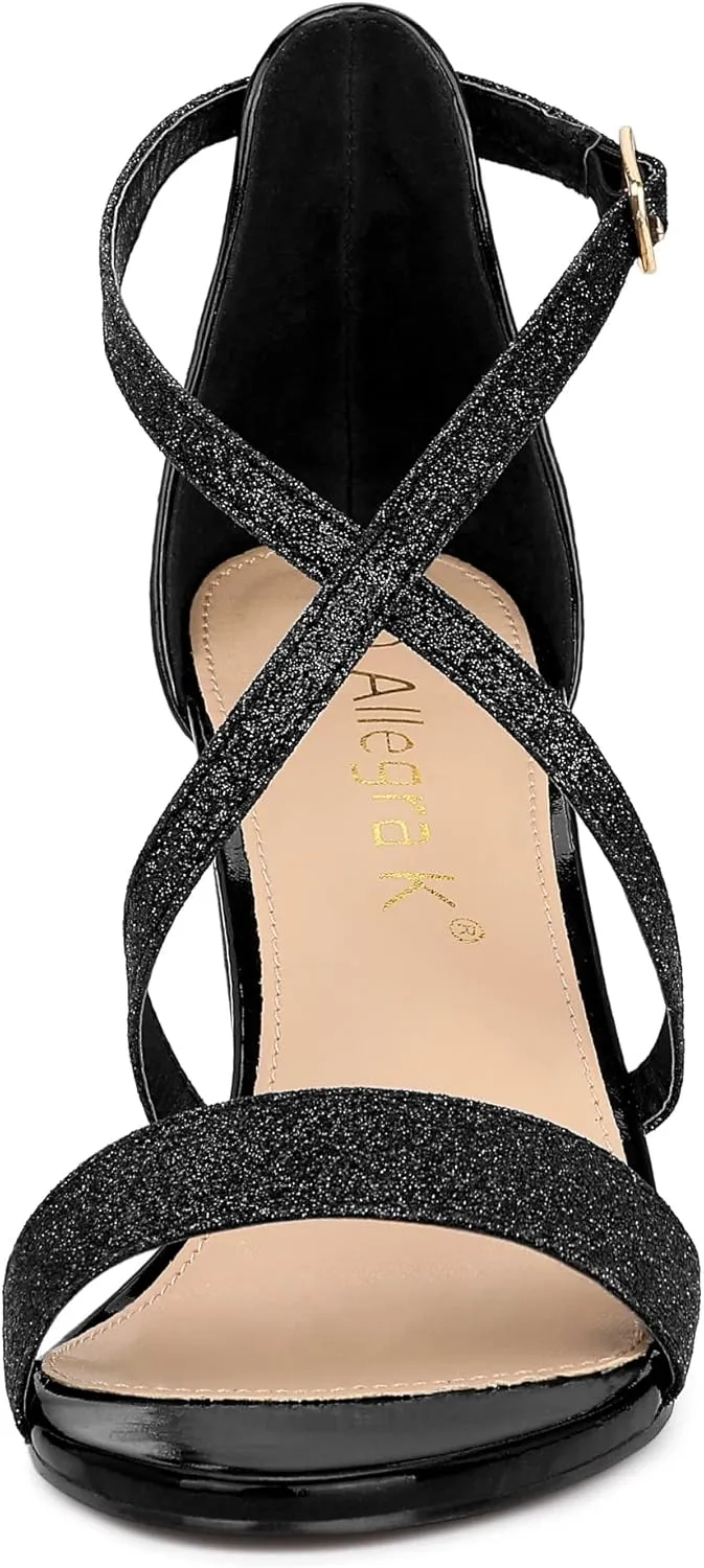 Allegra K Women's Glitter Crisscross Strap Block Heels Sandals