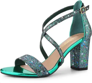 Allegra K Women's Glitter Crisscross Strap Block Heels Sandals
