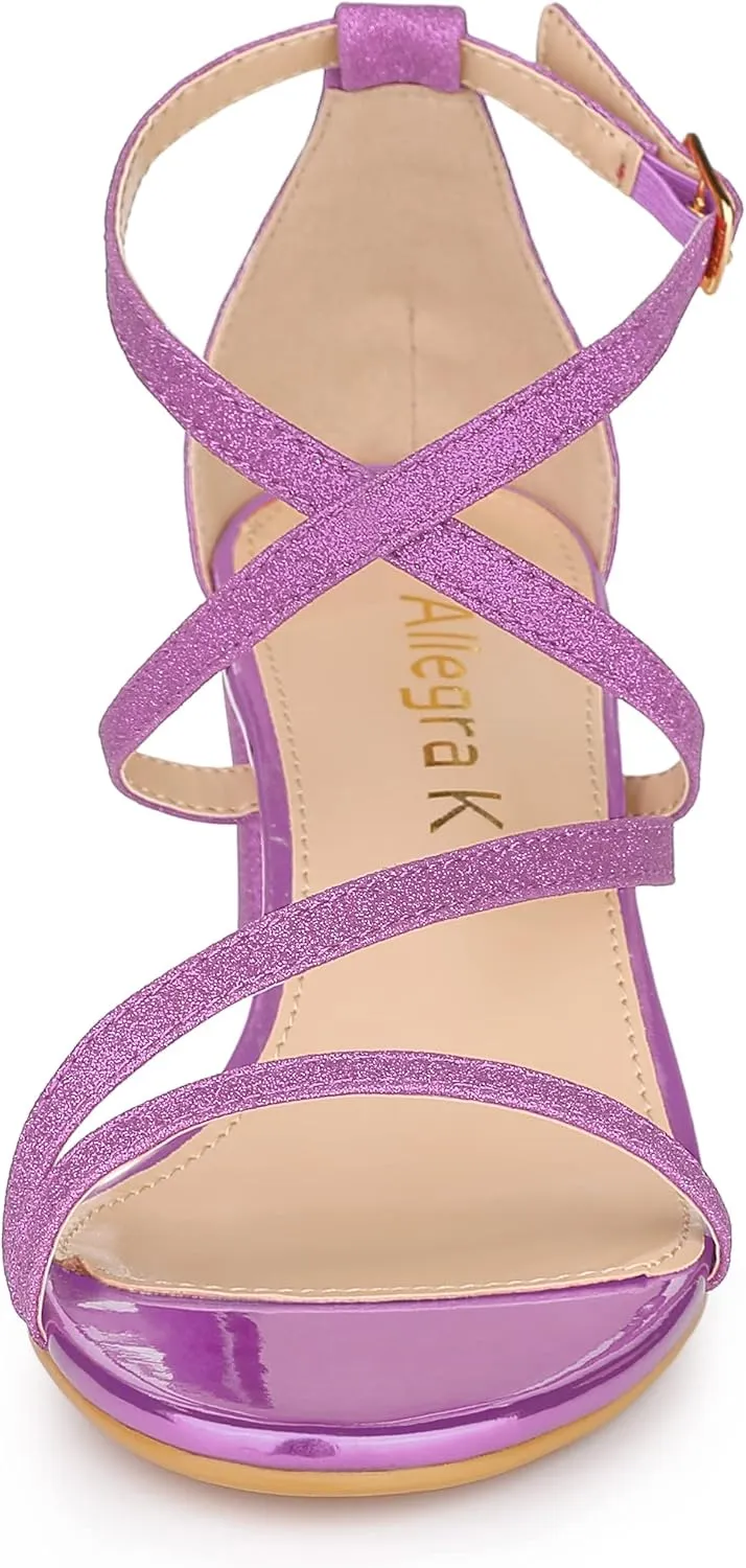 Allegra K Women's Glitter Crisscross Strap Chunky Heels Sandals