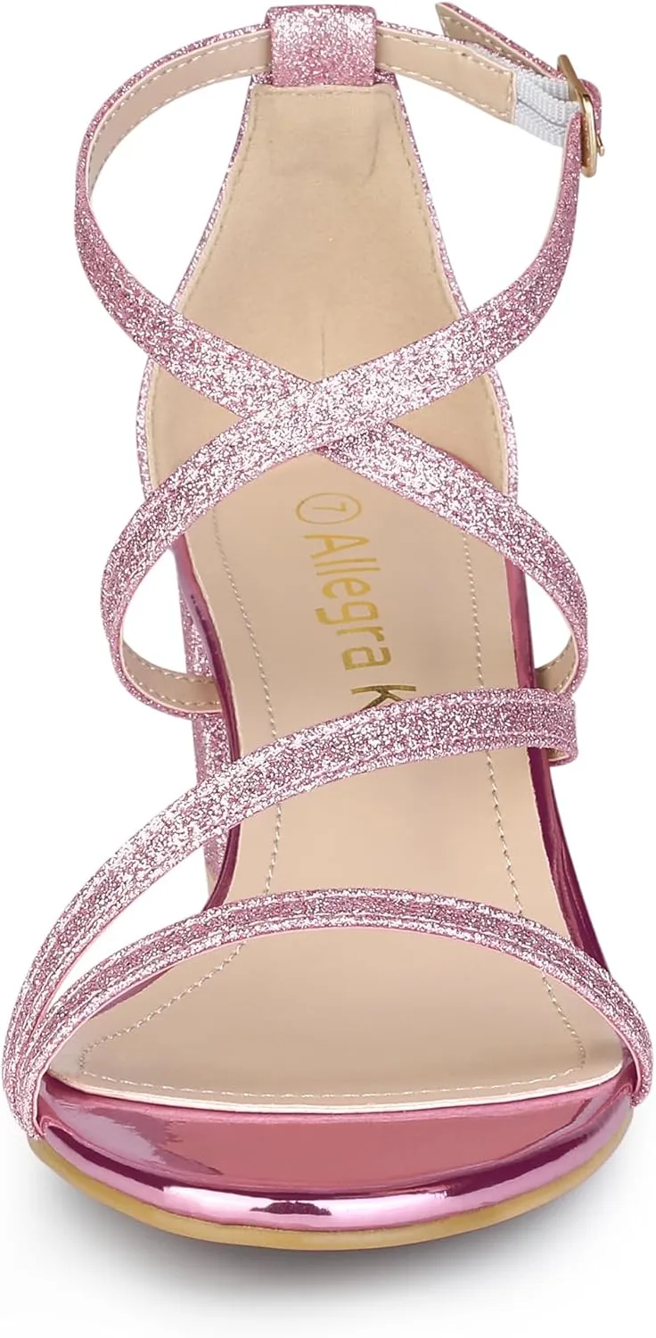 Allegra K Women's Glitter Crisscross Strap Chunky Heels Sandals