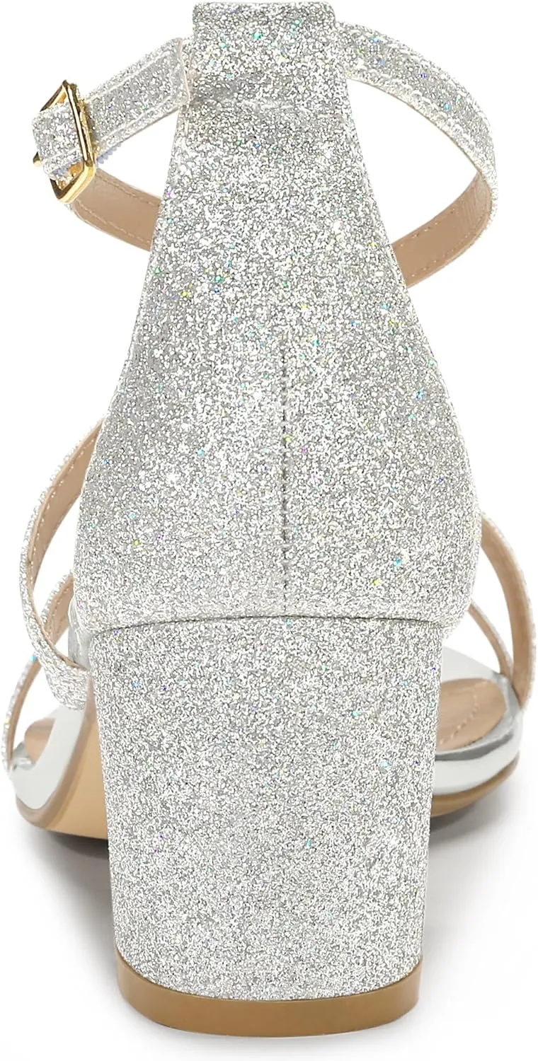 Allegra K Women's Glitter Crisscross Strap Chunky Heels Sandals