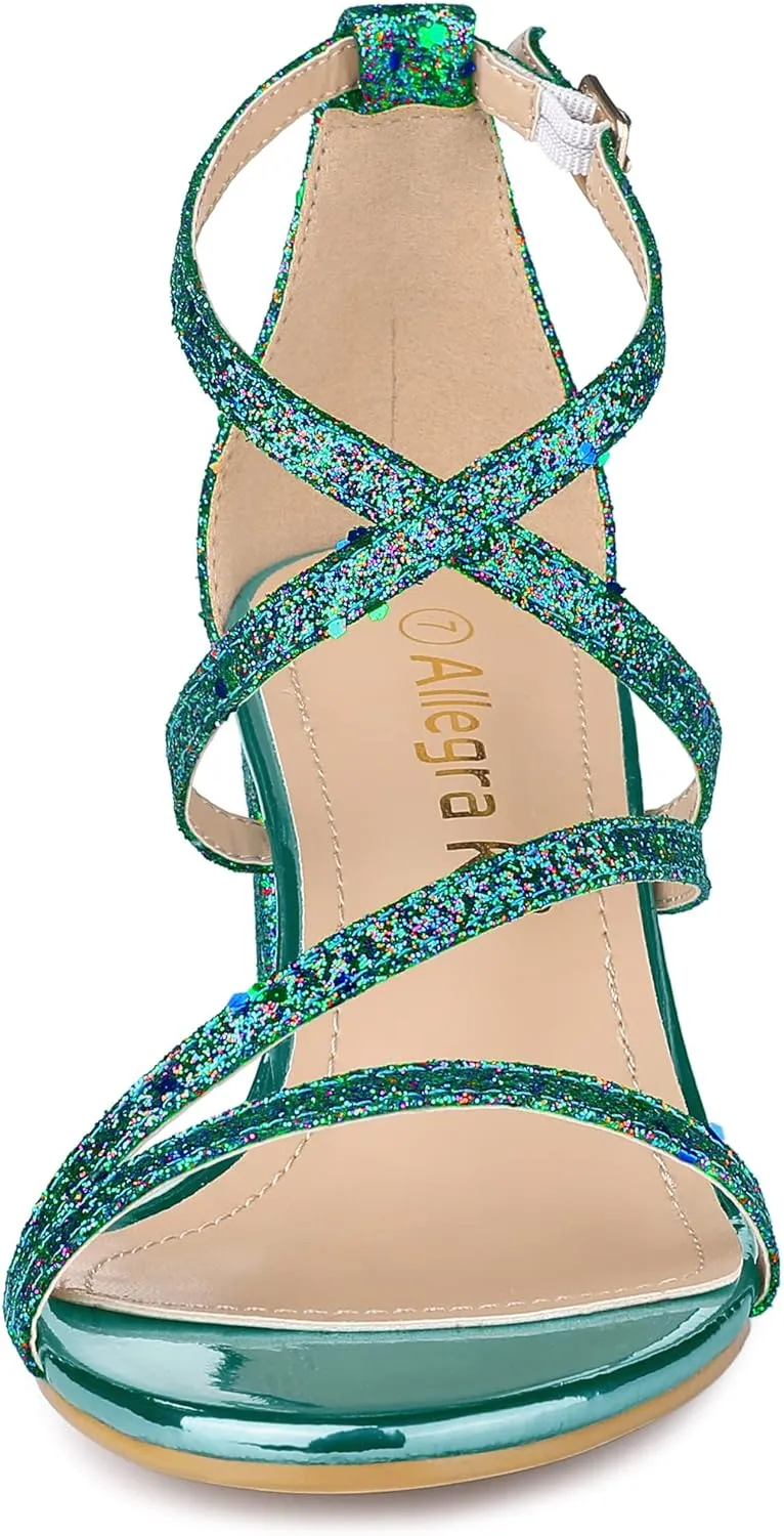 Allegra K Women's Glitter Crisscross Strap Chunky Heels Sandals