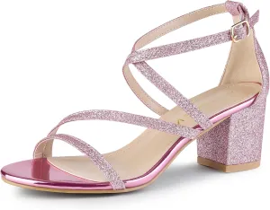 Allegra K Women's Glitter Crisscross Strap Chunky Heels Sandals