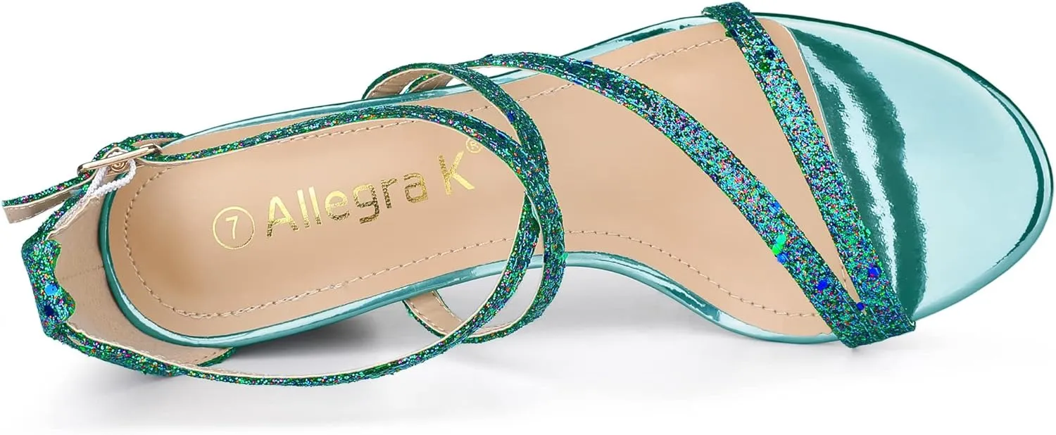Allegra K Women's Glitter Crisscross Strap Chunky Heels Sandals