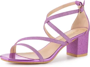 Allegra K Women's Glitter Crisscross Strap Chunky Heels Sandals