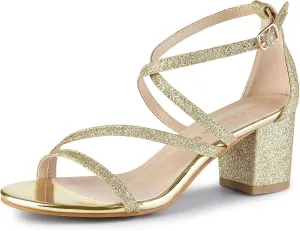 Allegra K Women's Glitter Crisscross Strap Chunky Heels Sandals