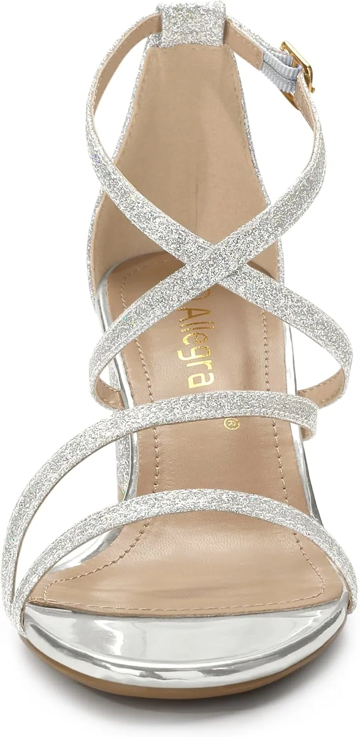 Allegra K Women's Glitter Crisscross Strap Chunky Heels Sandals
