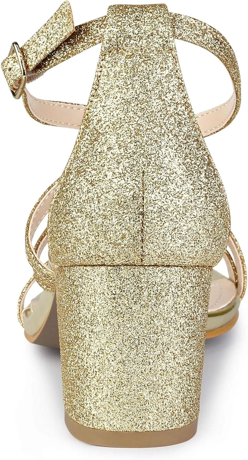 Allegra K Women's Glitter Crisscross Strap Chunky Heels Sandals