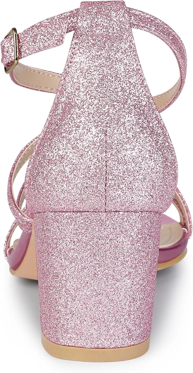 Allegra K Women's Glitter Crisscross Strap Chunky Heels Sandals
