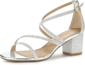 Allegra K Women's Glitter Crisscross Strap Chunky Heels Sandals