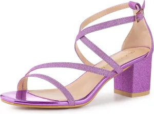 Allegra K Women's Glitter Crisscross Strap Chunky Heels Sandals