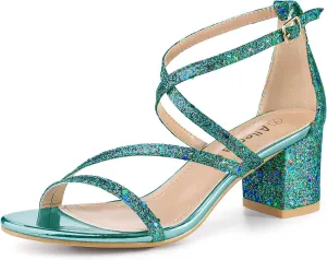 Allegra K Women's Glitter Crisscross Strap Chunky Heels Sandals