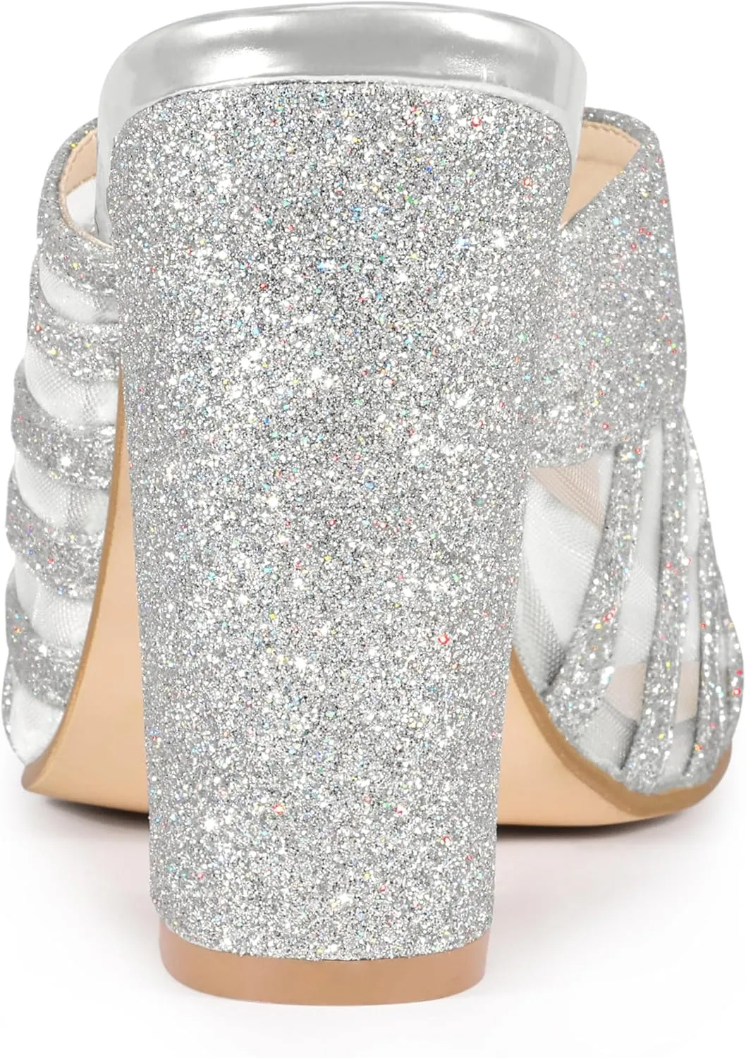 Allegra K Women's Glitter Mesh Slip on Chunky Heel Slide Sandals