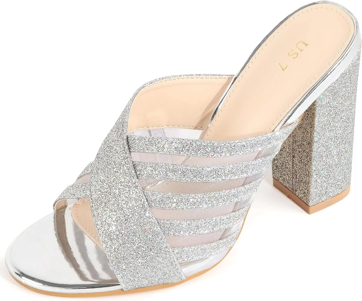 Allegra K Women's Glitter Mesh Slip on Chunky Heel Slide Sandals