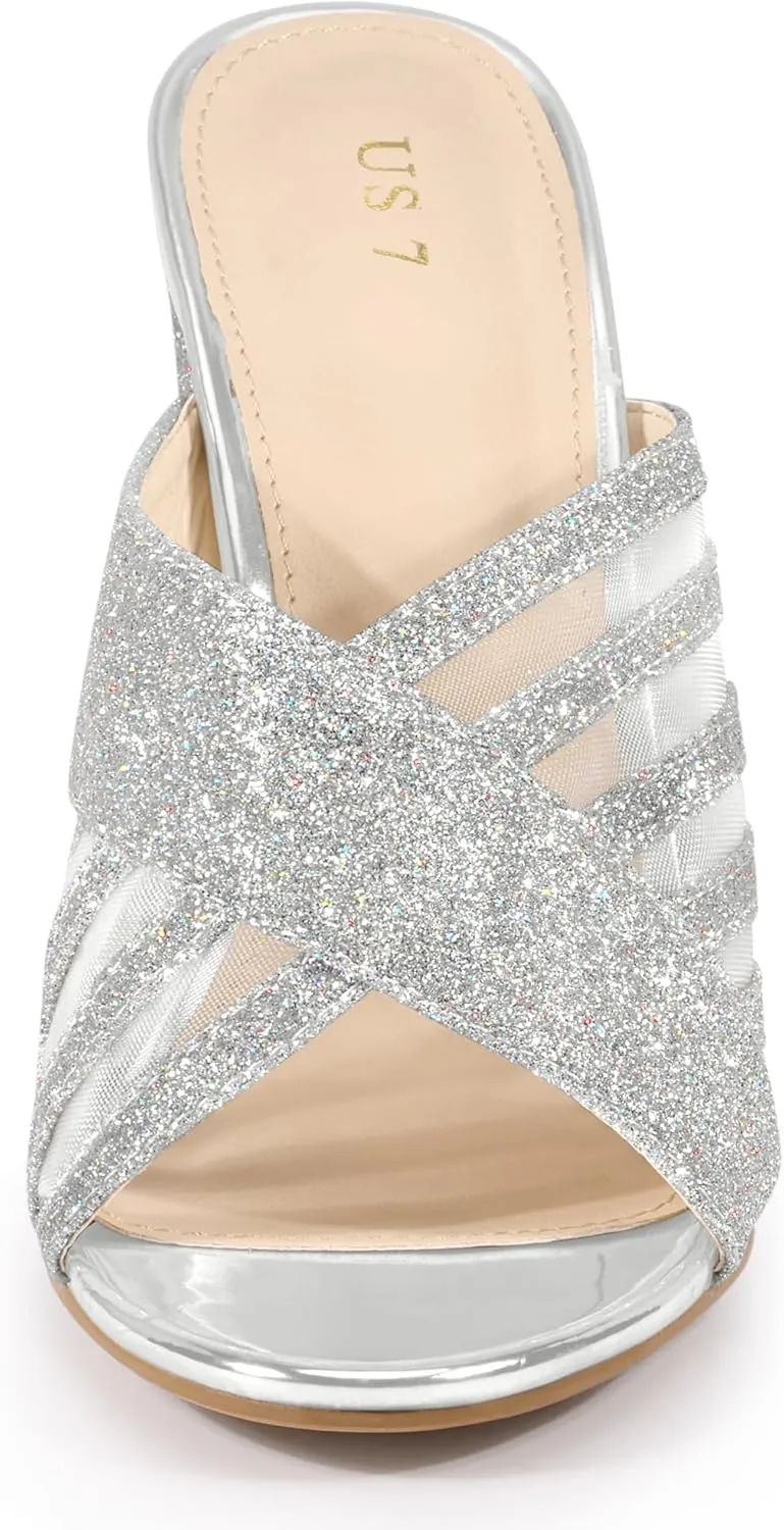 Allegra K Women's Glitter Mesh Slip on Chunky Heel Slide Sandals