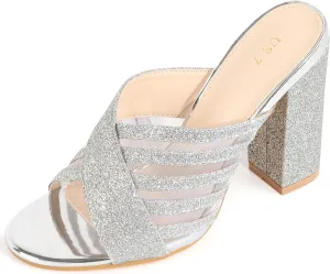 Allegra K Women's Glitter Mesh Slip on Chunky Heel Slide Sandals