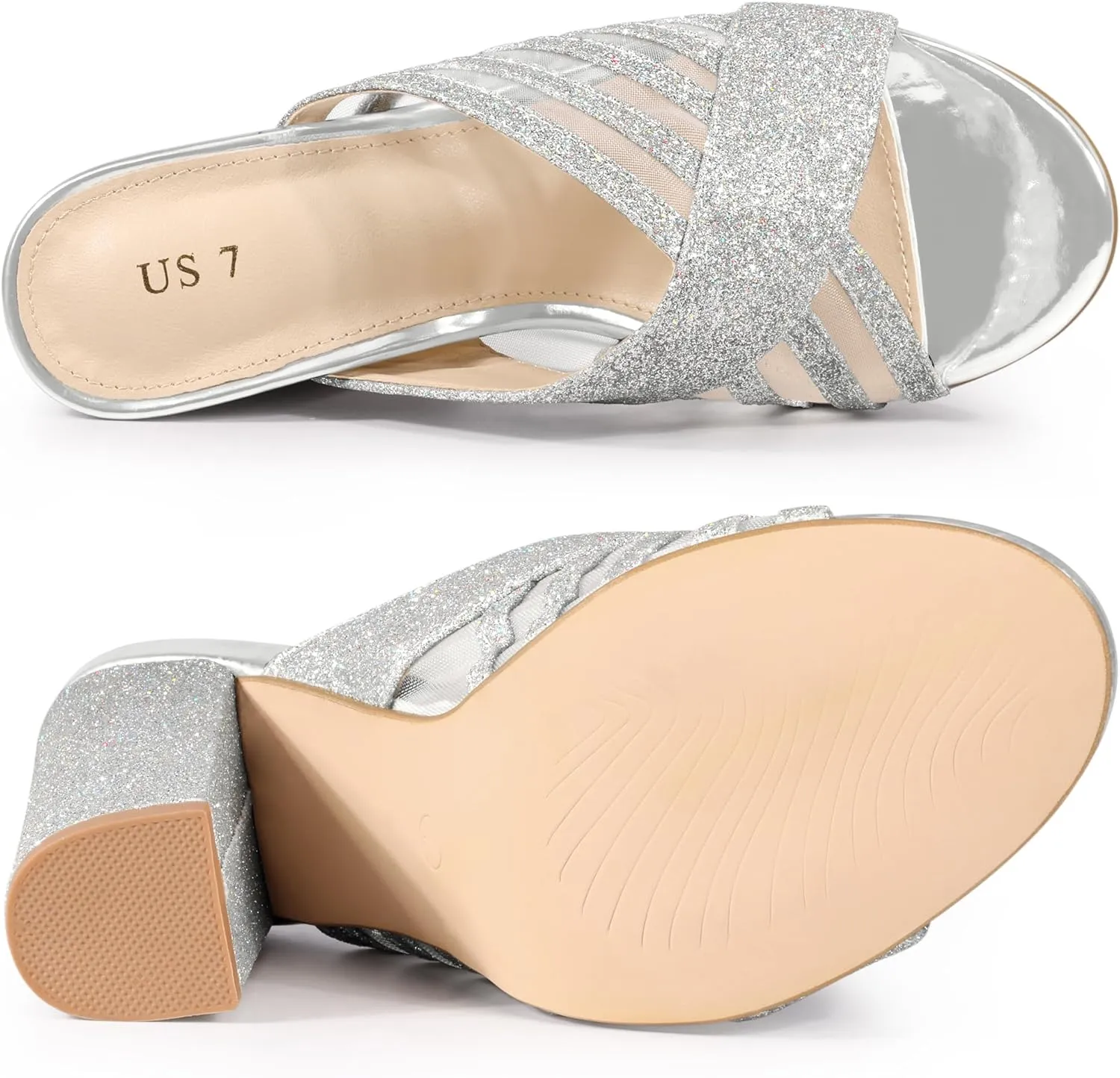 Allegra K Women's Glitter Mesh Slip on Chunky Heel Slide Sandals