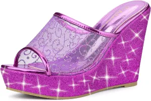 Allegra K Women's Glitter Platform Heels Slide Wedge Sandals
