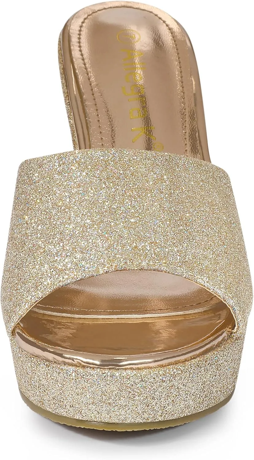 Allegra K Women's Glitter Platform Slip on Wedge Heels Sandals