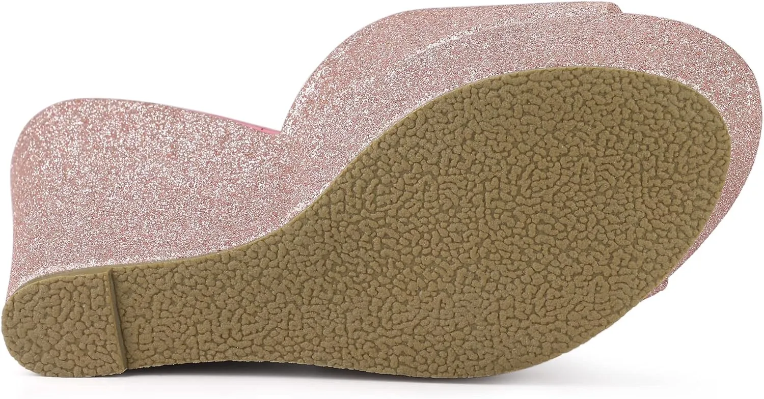 Allegra K Women's Glitter Platform Slip on Wedge Heels Sandals