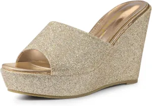 Allegra K Women's Glitter Platform Slip on Wedge Heels Sandals