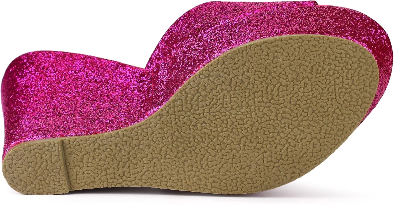 Allegra K Women's Glitter Platform Slip on Wedge Heels Sandals