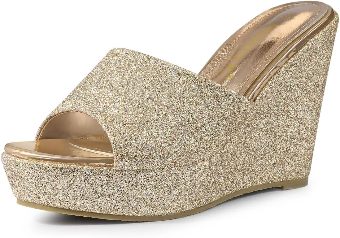 Allegra K Women's Glitter Platform Slip on Wedge Heels Sandals