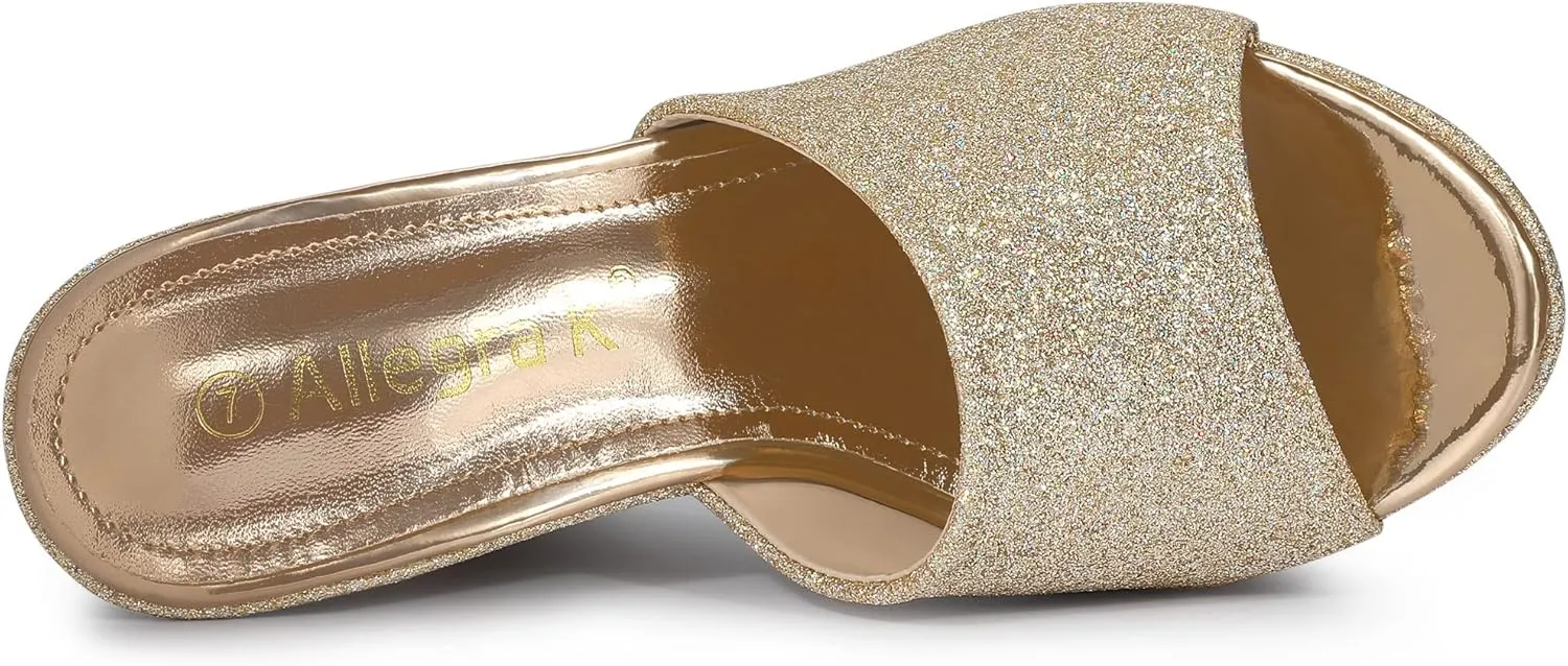 Allegra K Women's Glitter Platform Slip on Wedge Heels Sandals