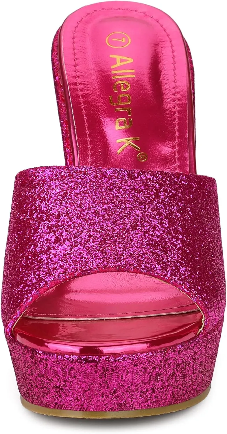 Allegra K Women's Glitter Platform Slip on Wedge Heels Sandals