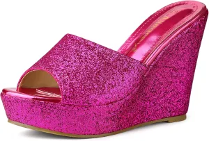 Allegra K Women's Glitter Platform Slip on Wedge Heels Sandals