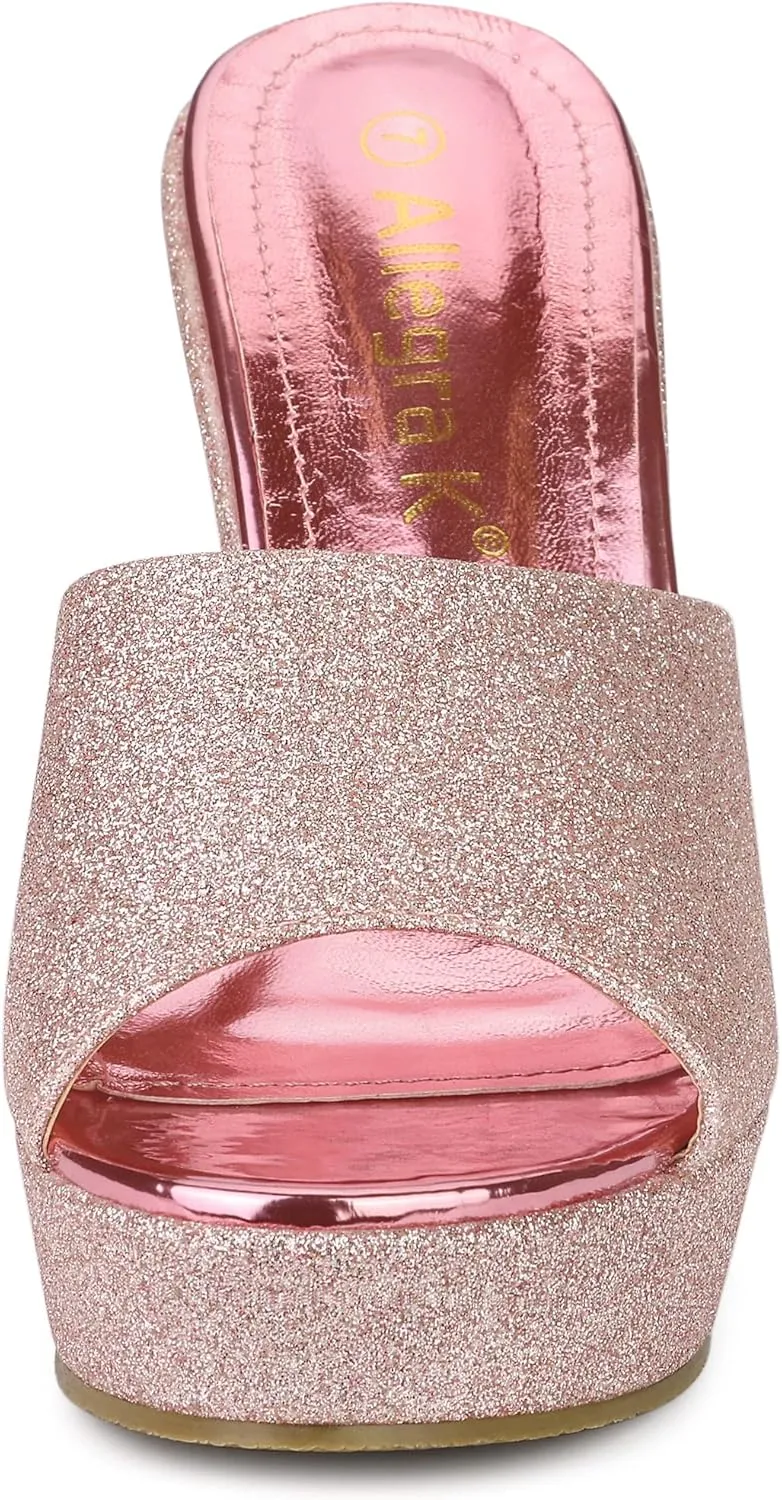 Allegra K Women's Glitter Platform Slip on Wedge Heels Sandals