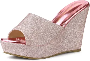 Allegra K Women's Glitter Platform Slip on Wedge Heels Sandals