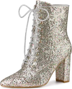 Allegra K Women's Glitter Pointed Toe Block Heel Halloween Ankle Boots