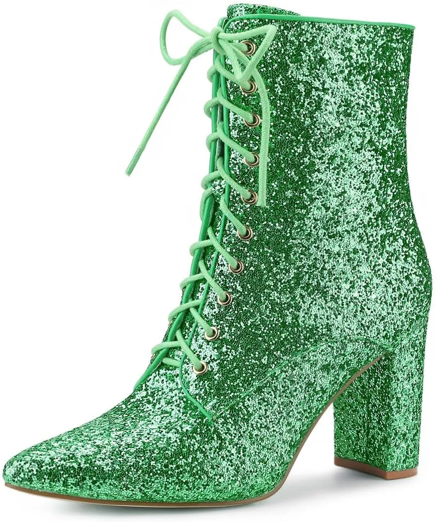 Allegra K Women's Glitter Pointed Toe Block Heel Halloween Ankle Boots