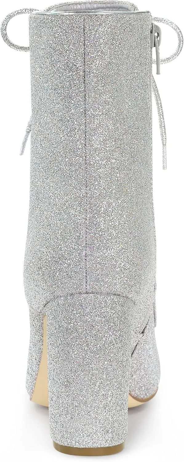 Allegra K Women's Glitter Pointed Toe Block Heel Halloween Ankle Boots