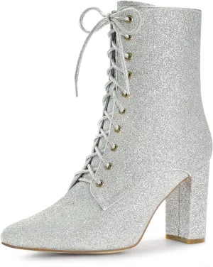Allegra K Women's Glitter Pointed Toe Block Heel Halloween Ankle Boots