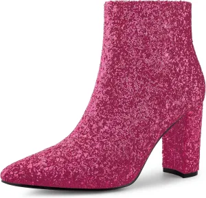 Allegra K Women's Glitter Pointed Toe Chunky Heel Ankle Boots