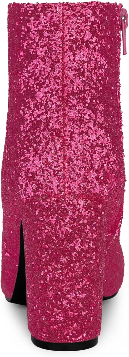 Allegra K Women's Glitter Pointed Toe Chunky Heel Ankle Boots