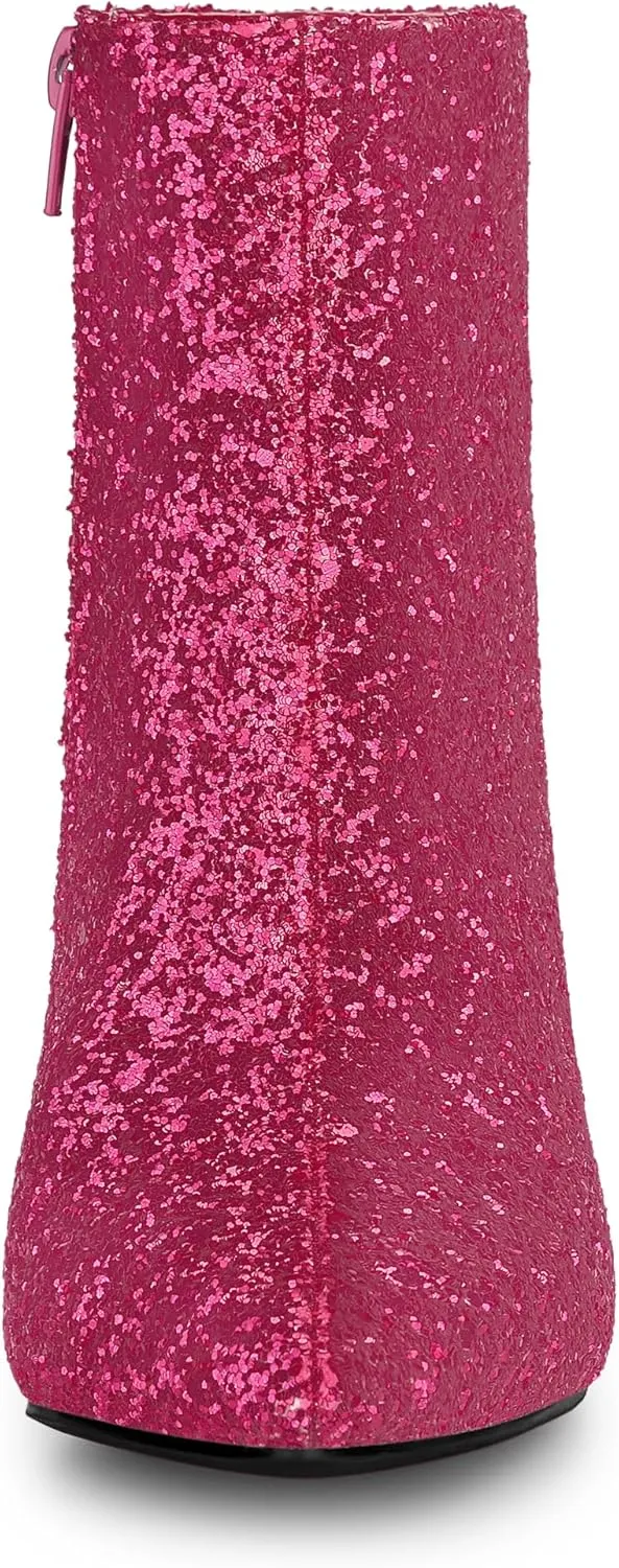 Allegra K Women's Glitter Pointed Toe Chunky Heel Ankle Boots