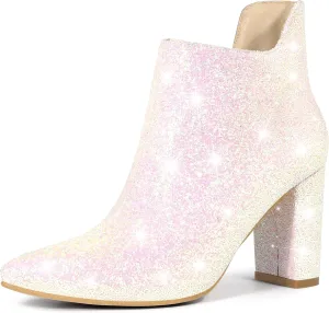 Allegra K Women's Glitter Pointed Toe Cutout Block Heel Ankle Booties