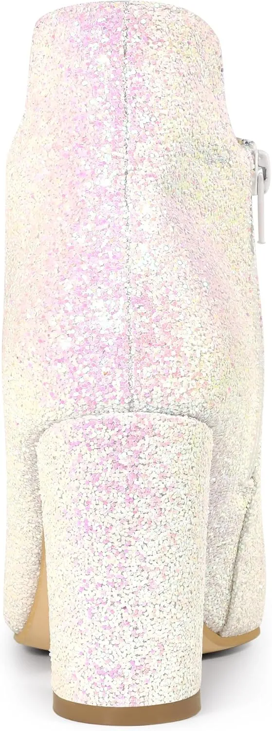 Allegra K Women's Glitter Pointed Toe Cutout Block Heel Ankle Booties