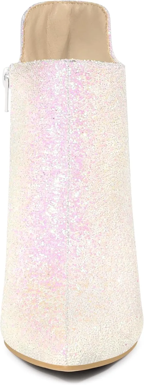 Allegra K Women's Glitter Pointed Toe Cutout Block Heel Ankle Booties