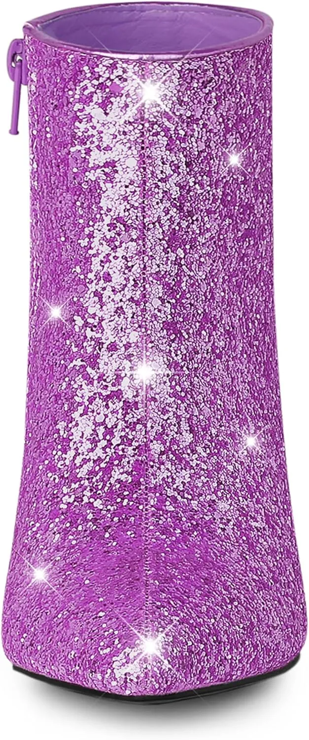 Allegra K Women's Glitter Pointed Toe Stiletto Heel Ankle Boots